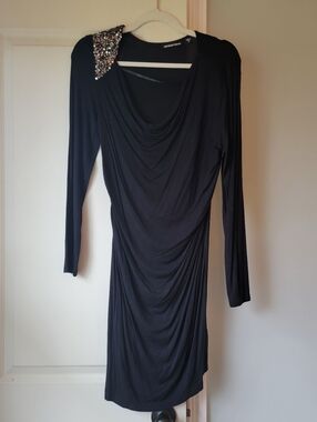 Black Long-Sleeve Draped Dress with Sequin Shoulder